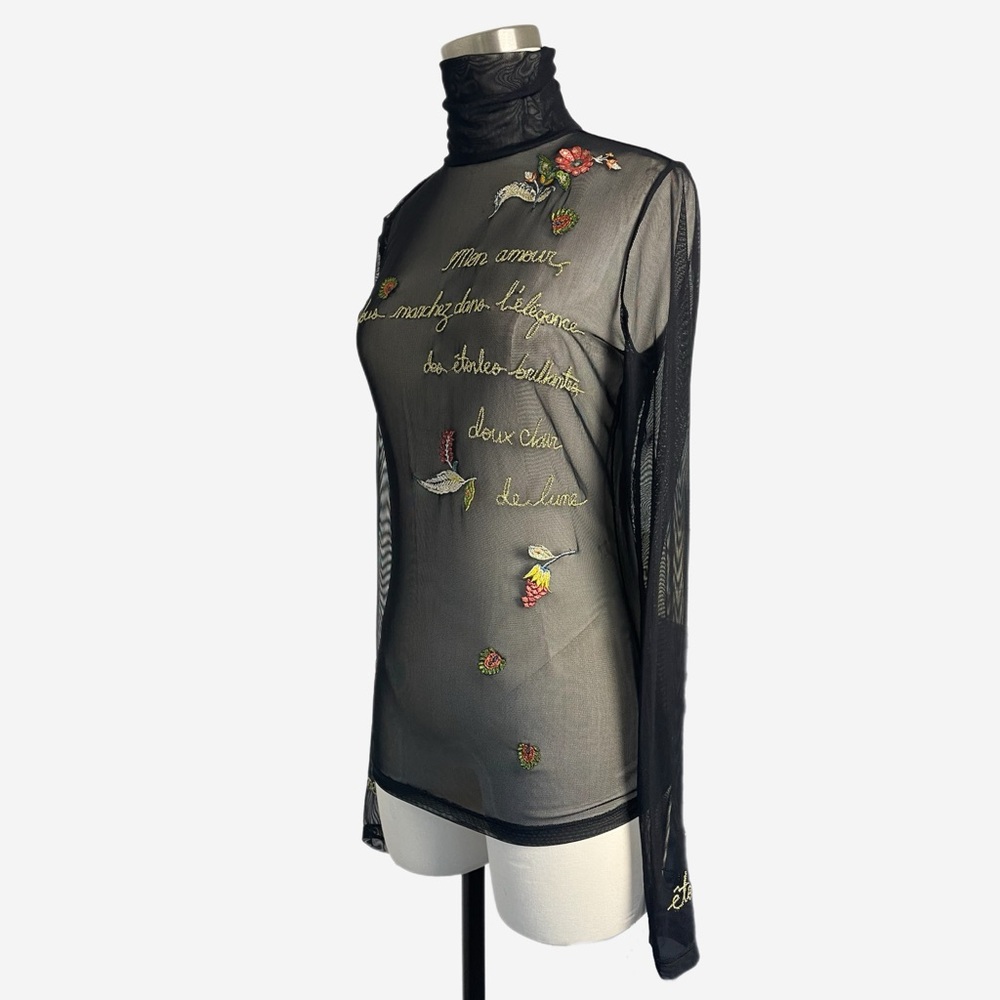Cinq à Sept Black sheer mesh embroidered turtleneck whimsical dark bohemian S/M - Picture 2 of 16
